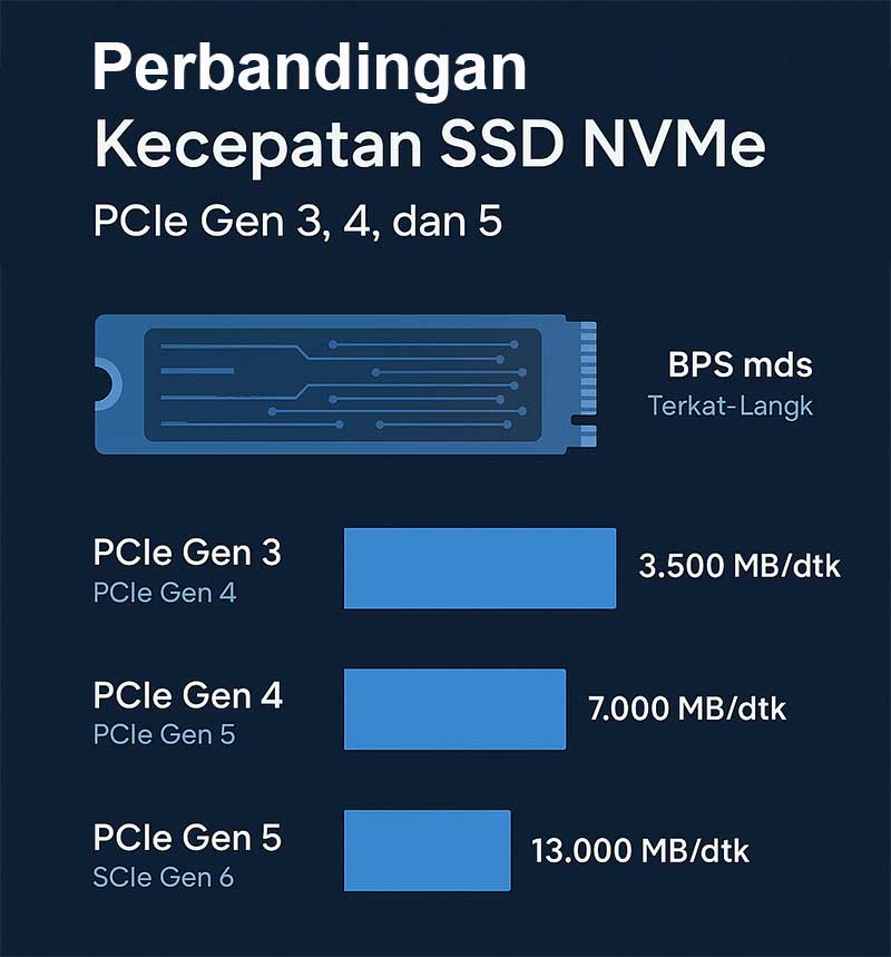 Infografis “Perbandingan Kecepatan SSD NVMe PCIe Gen 3, 4, dan 5”